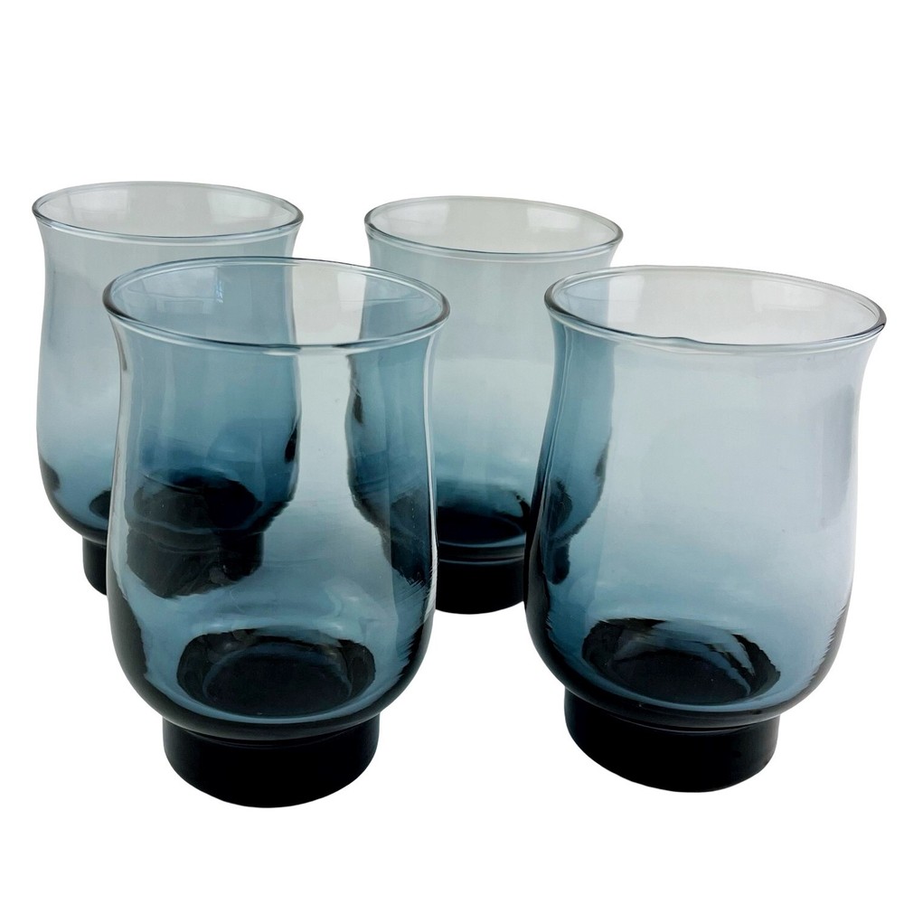 Vintage Libbey Tulip Dusky Blue Glasses Set of 4 Flat Tumbler Retro 12 oz 4.5″