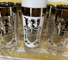 (7) Vintage Kimiko MCM Silver Knight Crest Highball Glass Set Of 7 Bar Water