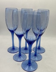 6 Blue Cobalt Champagne Flutes 8“ Tall Etched Circular And Line Design