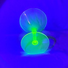 Vintage Green Uranium Glass Martini Cocktail Glass Optic Rib UV Glow Stemware