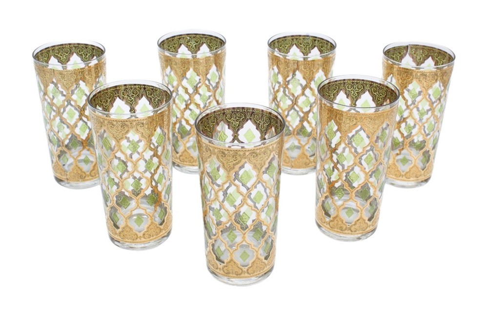 Set Of 7 MCM Culver Valencia 22kt Highball Bar Glasses RARE