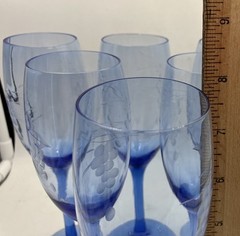 6 Blue Cobalt Champagne Flutes 8“ Tall Etched Circular And Line Design