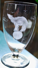 Vtg RUSSIA Set 3 HAND ETCHED Wine Glasses Luster Smoke Foot CIRCUS BEARS/DUCK