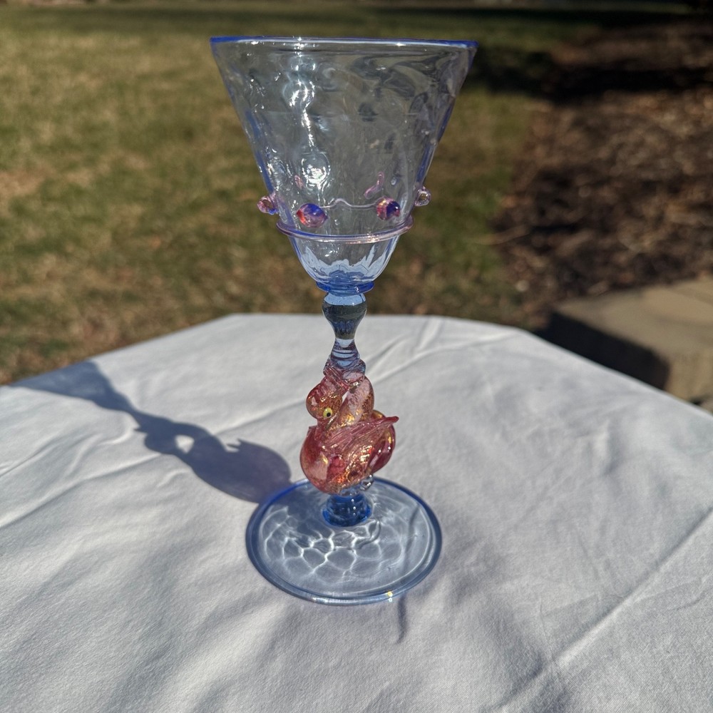 Salviati Murano Swan Stemmed Wine Glass Pink Aventurine Blue Glass Barware VTG