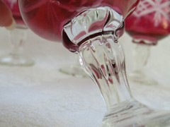 Pair of Hand-Blown Cut to Clear Vintage Cranberry Stained Wine Glasses