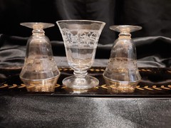 3 Antique/Vintage Optic Footed Arabesque Needlepoint Etch Cordial Glasses Set