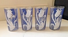 Federal Glass USA Mid Century 8 Oz Glasses Retro Blue & White Tulips MINT