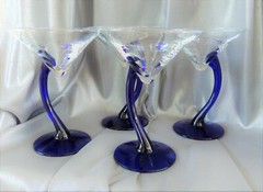 Martini Cocktail Libbey Cobalt Blue Curved Stem 4 Glasses Goblets