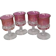 Vtg Tiffin King’s Crown Cranberry Flash Glass Thumbprint Set of 4 Water Glasses