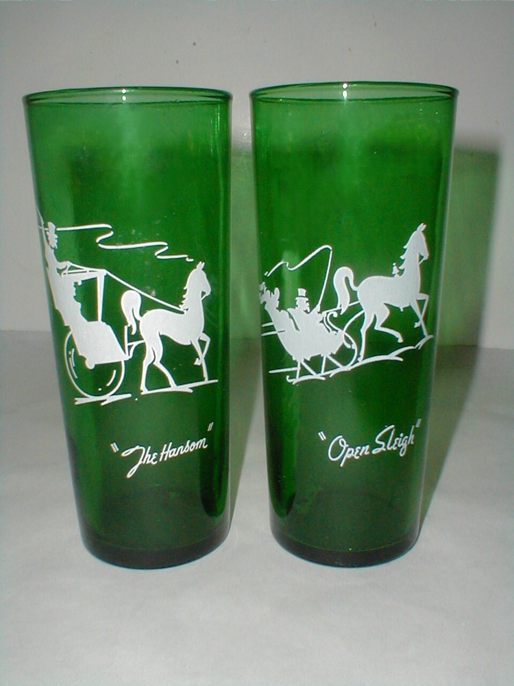 2 Forest Green Glass GAY NINETIES Open Sleigh & The Hansom Iced Tea Tumblers TWO