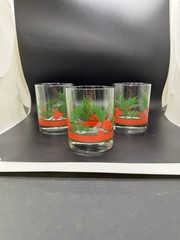 3 Libbey Holly & Berries Christmas Curved Flared Old Fashioned Glasses 10oz