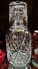 Vintage RARE Crystal CUT GLASS TUMBLE UP Carafe & Tumbler PINWHEEL Tag POLAND!