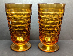 (2) Vintage Indiana Glass Whitehall Colony Amber Gold Cubist Tumblers 6″ Set of
