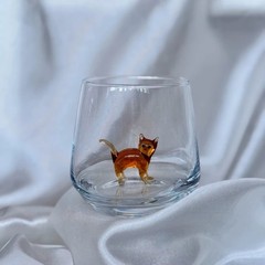 3D Drinking Glass Cup with Handmade Blown Glass Cat Figurine Inside, Stemless
