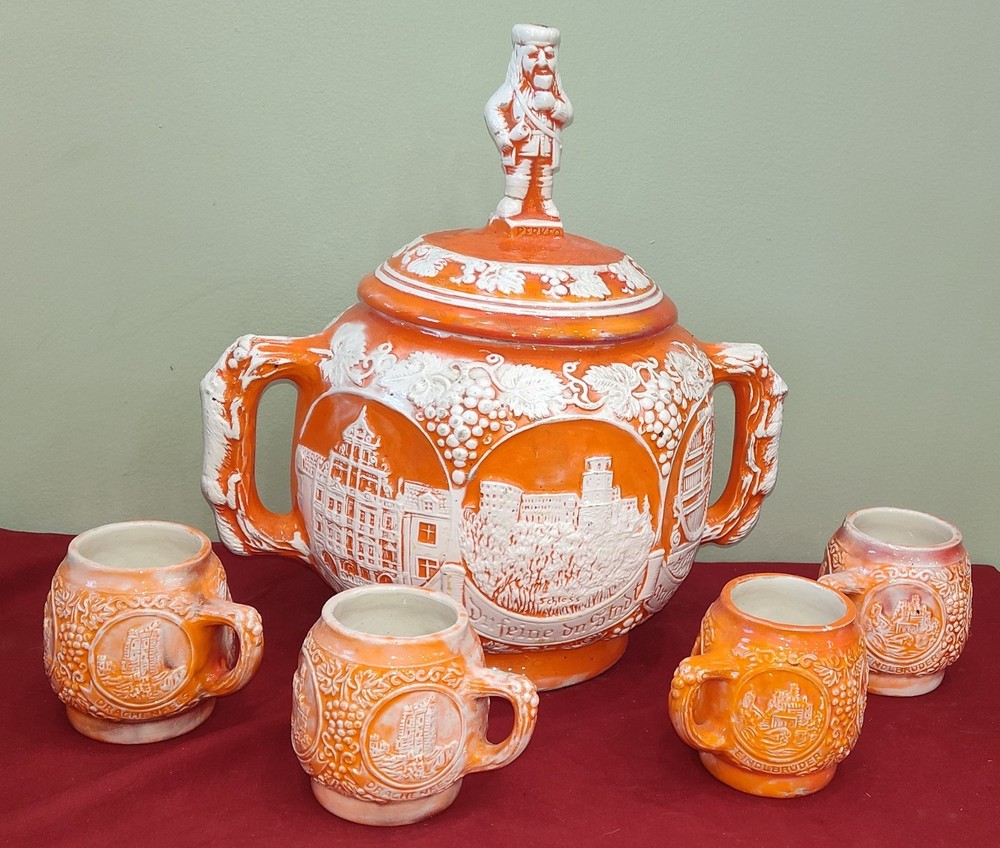 VINTAGE Orange Mold Glazed Stoneware Germany Ceramic Punch Bowl with 4 Mugs