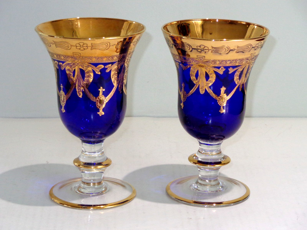 2 Cristallerie Italiane Cobalt Blue & Gold Medici Wine Glass Goblets (C)