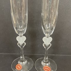 2 Gorham Amore Heart Champagne Toasting Flutes Frosted Crystal 10” Germany