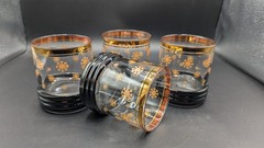 Sakura-4- Ribbed Low Ball Glasses MCM Retro Black Gold Atomic Star Burst