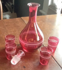 Vintage Cranberry Cordial Liqueur Set. Flask With 4 Glasses Cut to Clear Top.