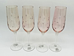 4 Lord & Taylor Pink Glass Wine Champagne Flutes Glasses Etched Starburst Stars