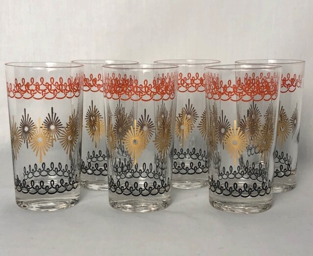 Set of 6 Atomic Starburst Orange Black Gold Accent Highball Tea Water Glasses