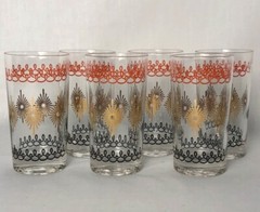 Set of 6 Atomic Starburst Orange Black Gold Accent Highball Tea Water Glasses