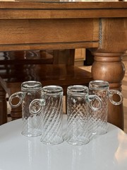 4 Optique Glass Irish Coffee Mugs By Essentials, Curled Handle EUC 5.75” Tall