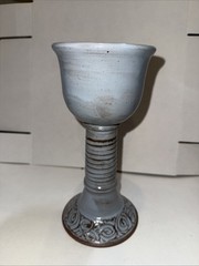 Handcrafted Goblet Chalice Studio Art Pottery Blue Glazed Stoneware Signed 8.5”