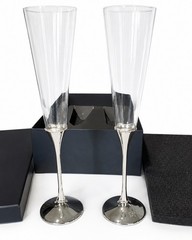 Pair Waterford Lismore Bead Toasting Flutes Glass with Silver Plate Stem