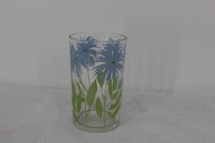 Blue Floral Tumbler Glass Clear Drinking Glass Cup Green Leaves Unmarked