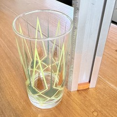 Vintage Atomic Glass MCM Juice Glass Green Gold Geometric Barware 5”