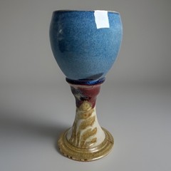 Studio Art Pottery Chalice Blue Red Stoneware Pedestal Cup Goblet Signed Saul