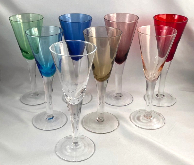 8 Spectrum Hand Blown Crystal Cordial Glasses Flutes Assorted Rainbow Colors