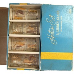 Vintage Libbey Glass Hostess Set 8 Gold Sports 12 oz Tumblers w/Box USA 1955