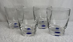 Clear Glass Blue Bubble Dot Lowball Tumblers Solid Base – Heavy Set of 4
