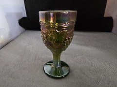 Vintage Imperial Cordial Iridescent Green Carnival Glass Grape & Vine 4″ Goblet