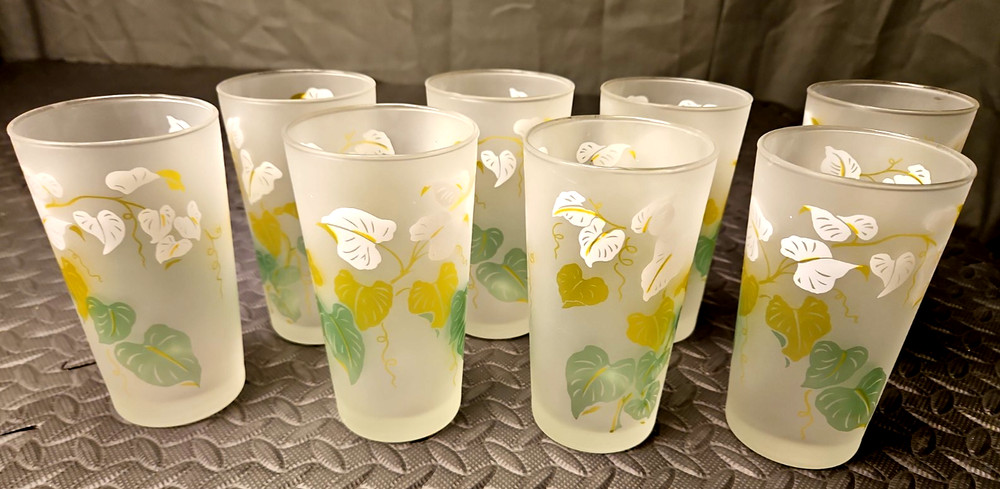 Vintage Libbey Caladium Frosted Tumblers Set of 8 MCM Highball Glassware