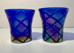 Vintage Cobalt Blue Iridescent Art Glass Tumblers Pair 3.25″ Diamond Pattern