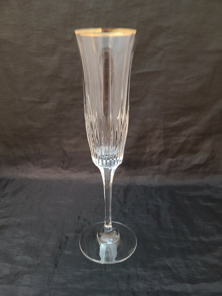 CUT LEAD CRYSTAL Panel Design Gold Rim Champagne Flute Goblet EUC! Beautiful!