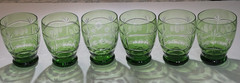 RARE!! Bohemian Green Cut to Clear Glass Low Ball Rocks Whiskey Tumbler Set of 6