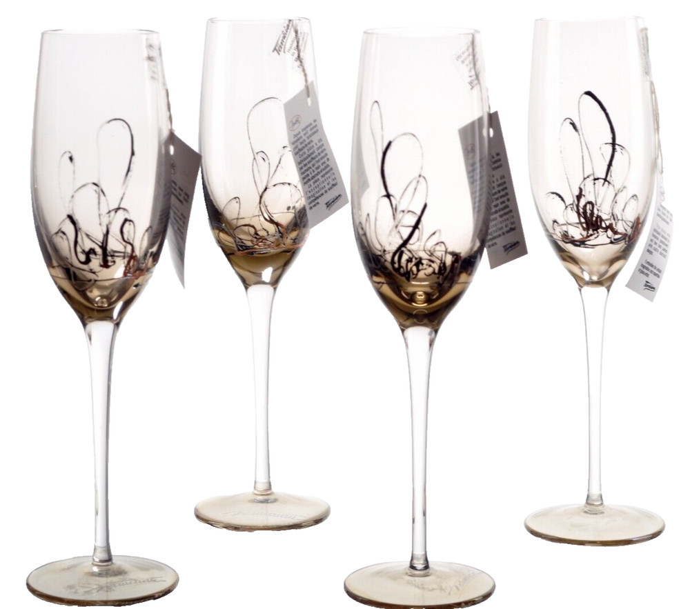 ION TAMAIAN Art Glass Champagne Flute Amber Set/4 Hand Painted Romania #2 New