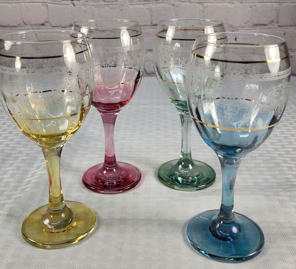 Four Vintage Cristalleria Fumo Etched Wine Glass Set Colored Stems & Gold Rim