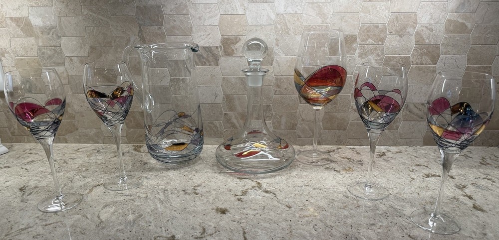 Hand Blown Mosaic Stained Glass Barware – Pitcher, Decanter & Glasses