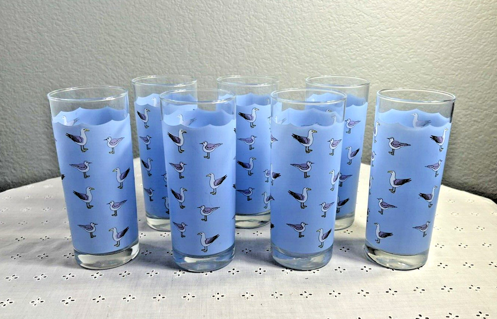 Vintage Ocean Thailand Seagull Highball/Water Bar Glasses Set of 7 EUC Blue