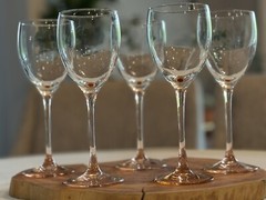 (5) Luminarc D’arques France Peach Pink Stem Water/Wine Glasses in Rose 7 5/8”