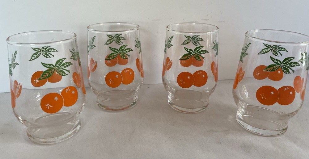 Vintage Juice Glasses Clear w/Oranges & Leaves Set of 4 MCM