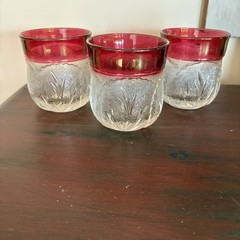 VTG Set Of 3 Indiana Glass Pebble Leaf Ruby Flash Flat Tumbler Rocks Glasses