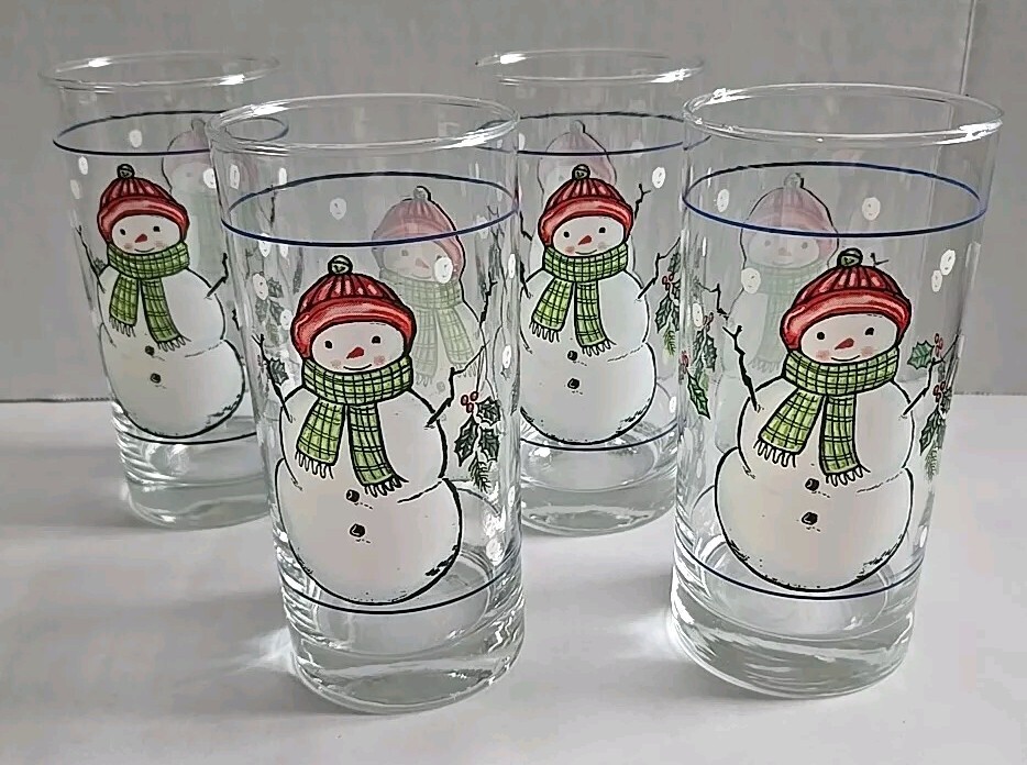 VTG Libbey Snowman & Holly Highball Glasses Set of 4 Christmas 16oz Tumblers 80s