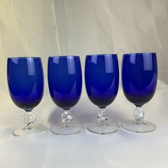 Lot of 4 Cobalt Blue Glasses 5” With Clear Twisted Stems Wine Water Goblet 4 oz