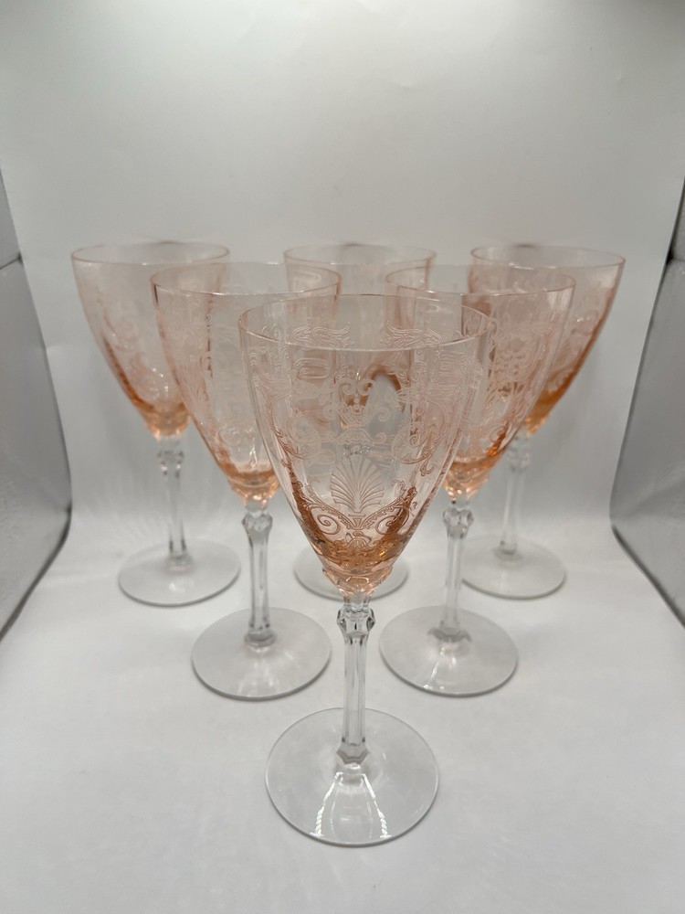 Vintage Fostoria Versailles Set Of 6 Pink (Rose) Etched Water Goblet 8 1/4″H
